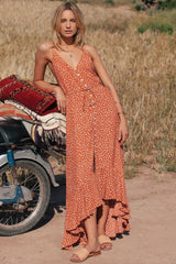 Polka Dot Asymmetric Ruffle Button Down Beach Maxi Dress