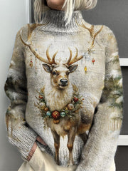 Christmas Elk Art Print Knitted Turtleneck Pullover Sweater