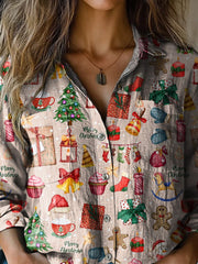 Watercolor Christmas Pattern Printed Casual Long Sleeve Comfortable Cotton Shirt