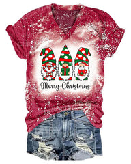 Women Merry Christmas Wave Point Gnomes Print T-Shirt