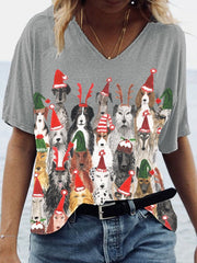 Christmas Dog Print V-Neck T-Shirt