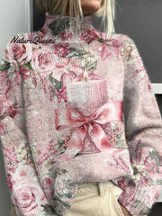 Merry Christmas Candle Print Knit Turtleneck Pullover Sweater