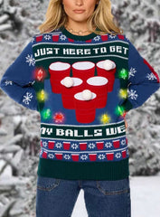 Light-Up Just Here to Get My Balls Wet Beer Christmas Knit Sweater