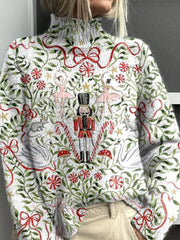 Christmas Art Print Knitted Turtleneck Pullover Sweater
