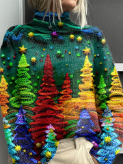 Lovely Christmas Tree Art Print Knit Turtleneck Pullover Sweater