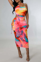 Allover Print Cut Out Asymmetrical Neck Dress