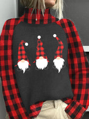 Womens Christmas Plaid Gnome Knit Turtleneck Sweater