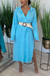 Button Henley Tunic Slit Midi Dress