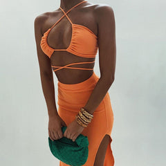 Orange Twisted Cut Out Skirt Set