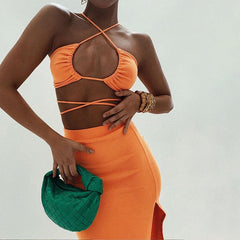 Orange Twisted Cut Out Skirt Set