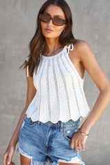 Tie Straps Wave Stripes Textured Eyelet Knitted Vest