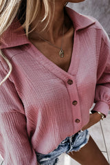 Turn-Down Collar V Neck Crinkled Cuffed Shirt