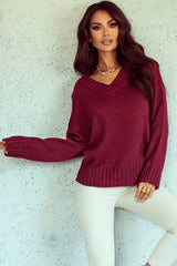 V Neck Drop Shoulder Knitted Sweater