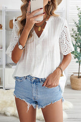 V Neck Eyelet Short Sleeve Pleated Blouse