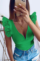 V Neck Flutter Shoulder Ribbed Knit Top