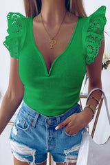 V Neck Flutter Shoulder Ribbed Knit Top