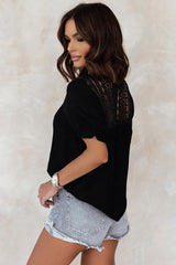 V Neck Lace Crochet Short Sleeve Shirt