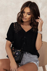 V Neck Lace Crochet Short Sleeve Shirt
