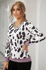 V-Neck Leopard Print Dropped Long Sleeve Sweatshirt