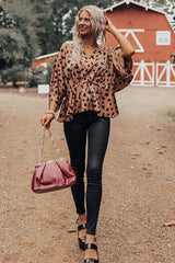 V Neck Leopard Print Peplum Blouse