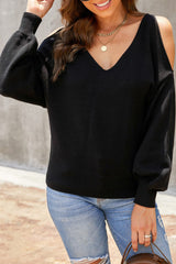V Neck Twisted Back Cold Shoulder Sweater