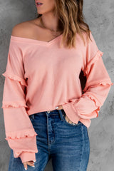 Waffle Ruffled V Neck Loose Knit Top