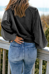 Washed Snap Buttons Lantern Sleeve Pullover Sweatshirt