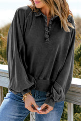 Washed Snap Buttons Lantern Sleeve Pullover Sweatshirt
