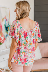 Watercolor Floral Square Neck Ruffle Sleeve Blouse