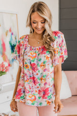 Watercolor Floral Square Neck Ruffle Sleeve Blouse