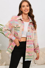Western Aztec Print Button Flap Pocket Shacket