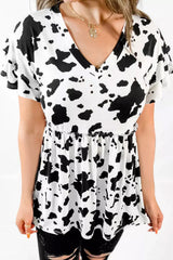 White Cow Spots Print V Neck Ruffled Casual Blouse