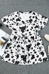 White Cow Spots Print V Neck Ruffled Casual Blouse