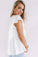 White Floral Embroidered Ruffled Lace-Up V Neck Top