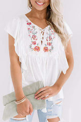White Floral Embroidered Ruffled Lace-Up V Neck Top