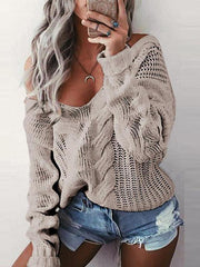 Plain V-Neck Long Sleeves Causal Loose Sweater