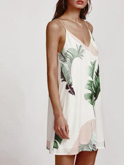 Palm Leaf Print Double V Neck Cami Dress