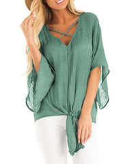 Plain V Neck Flare Sleeve Knot Casual Blouses