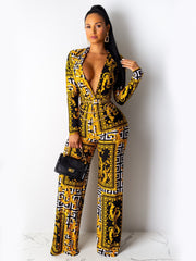 Sexy Fashion Shirt Printed Straight Jumpsuit