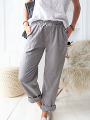 Pure color casual elastic high-waist straight-leg trousers long pants