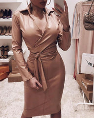 Pu leather v-neck slim sexy bodycon dresses