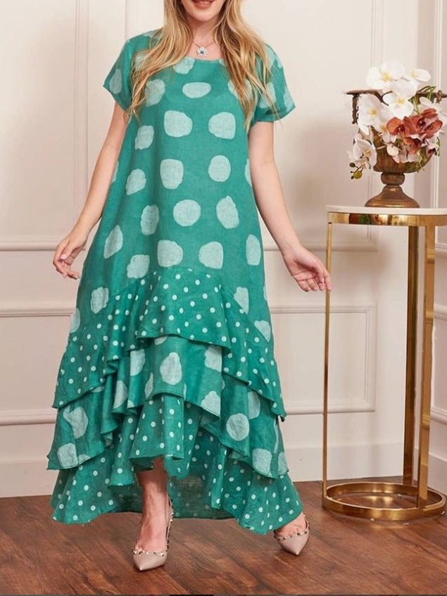 Cotton Casual Dot Flounce Round Neck Raphaella Dress (10 Colors)