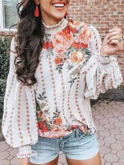 Print Puff sleeve High collar Blouses
