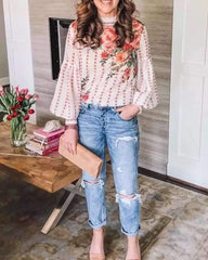Print Puff sleeve High collar Blouses