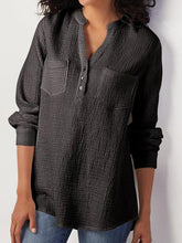 Plain v-neck pocket cotton and linen blend blouses