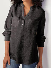 Plain v-neck pocket cotton and linen blend blouses