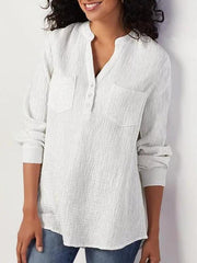 Plain v-neck pocket cotton and linen blend blouses
