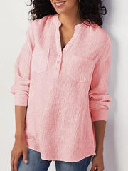 Plain v-neck pocket cotton and linen blend blouses