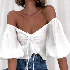 Pure Casual Sexy V neck Puff sleeve Lacing T-Shirts