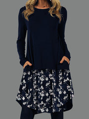 Pockets Shift Round Neck Long Sleeve Dresses